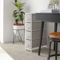 Flash Furniture WX-5L203-WH-GR-GG 4 Drawer Slim Wood Top White Cast Iron Frame Vertical Storage Dresser with Light Gray Easy Pull Fabric Drawers